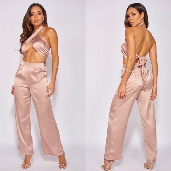 Pants - Nude Satin Silk Halter Neck Crop Top and High Waist Wide Leg Pants Two Piece Set